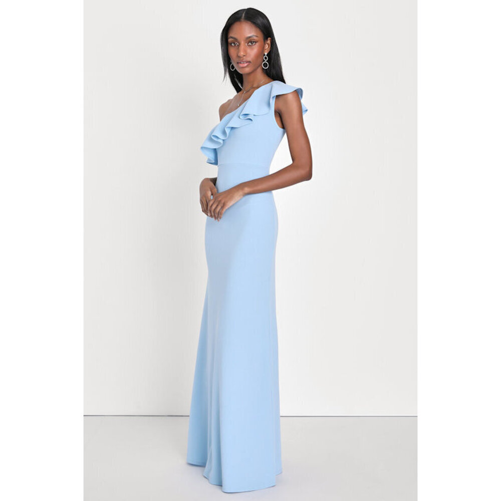 Lulus Last Forever Powder Blue One-shoulder Ruffle Maxi Dress - Size S
